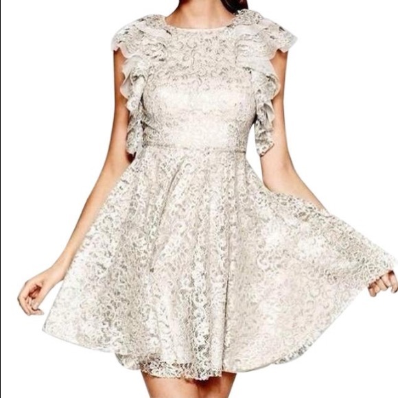 BCBG DRESS RUFFLE SLEEVE SILVER METALLIC LACE